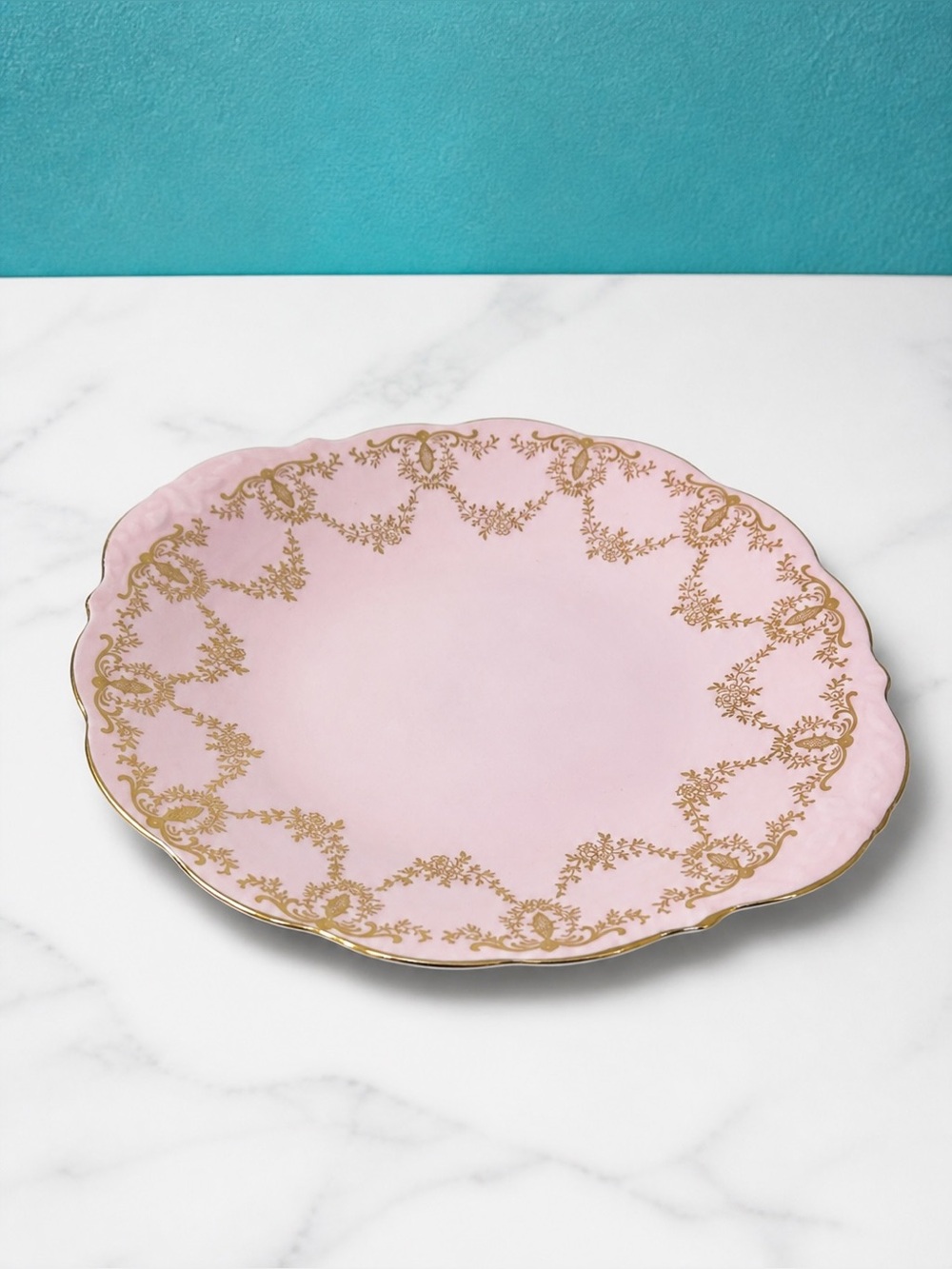 Vintage Queen Anne Pink Gold Scroll Tabbed Cake Plate